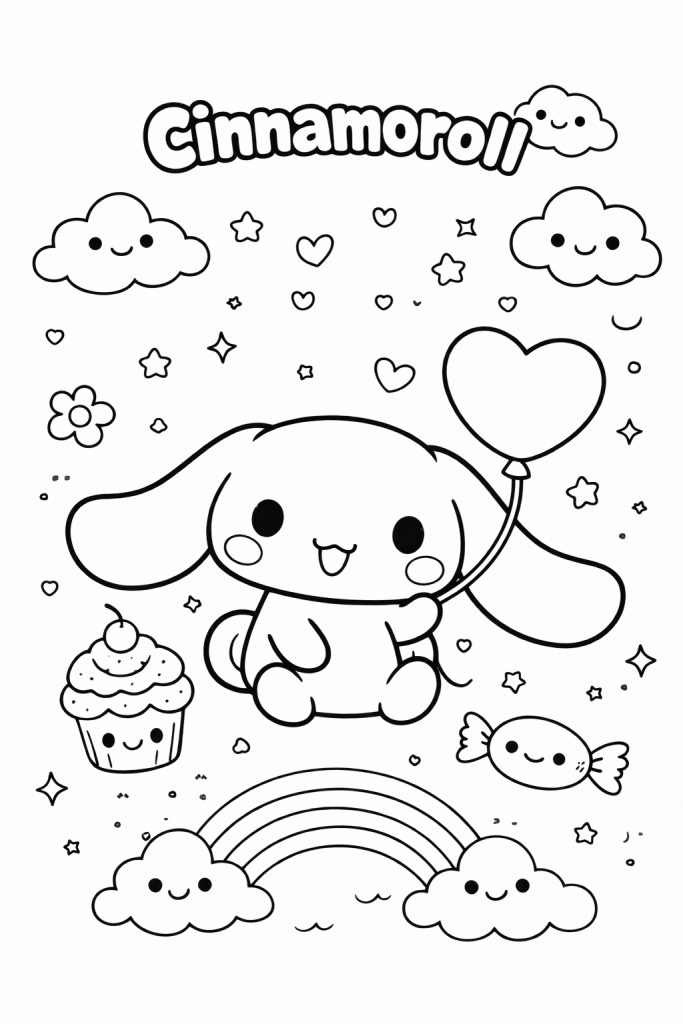 Cinnamoroll boyama sayfası ile çocuklar keyifli vakit geçirir. Sevimli Cinnamoroll boyama çizimleri A4 uyumlu, yazdırmaya hazır ve ücretsizdir.