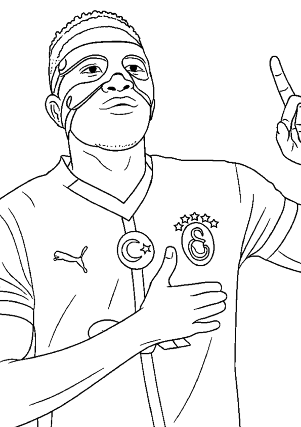 Osimhen boyama sayfası, futbolla ilgilenen çocukların kolayca renklendirebileceği sade bir çizim sunar. Osimhen boyama PDF çıktısı için tıkla.