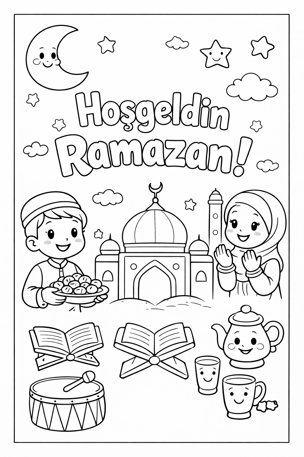 Hoş Geldin Ramazan boyama sayfası ile çocuklar Ramazan’ı tanır. Ramazan boyama, Ramazan ayı boyama ve eğlenceli boyama keşfedin.
