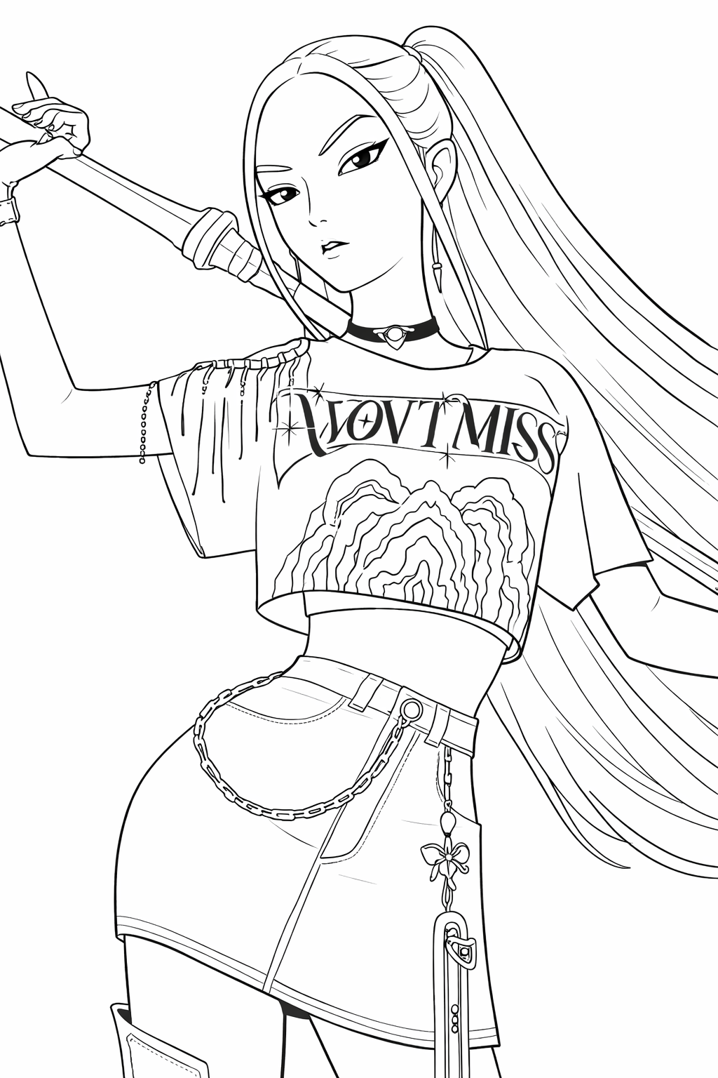 Mira boyama sayfası ile Huntrix karakterini renklendirin. Yazdırılabilir, sade çizgili mira huntrix boyama resmi. 🎨