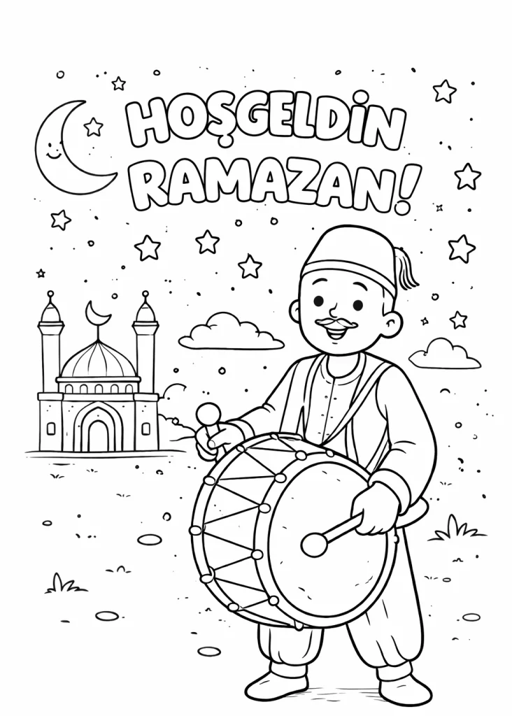 Ramazan Davulcusu boyama ile çocuklar Ramazan’ı tanır. Ramazan boyama, Ramazan ayı boyama ve Ramazan boyama sayfası keşfedin.