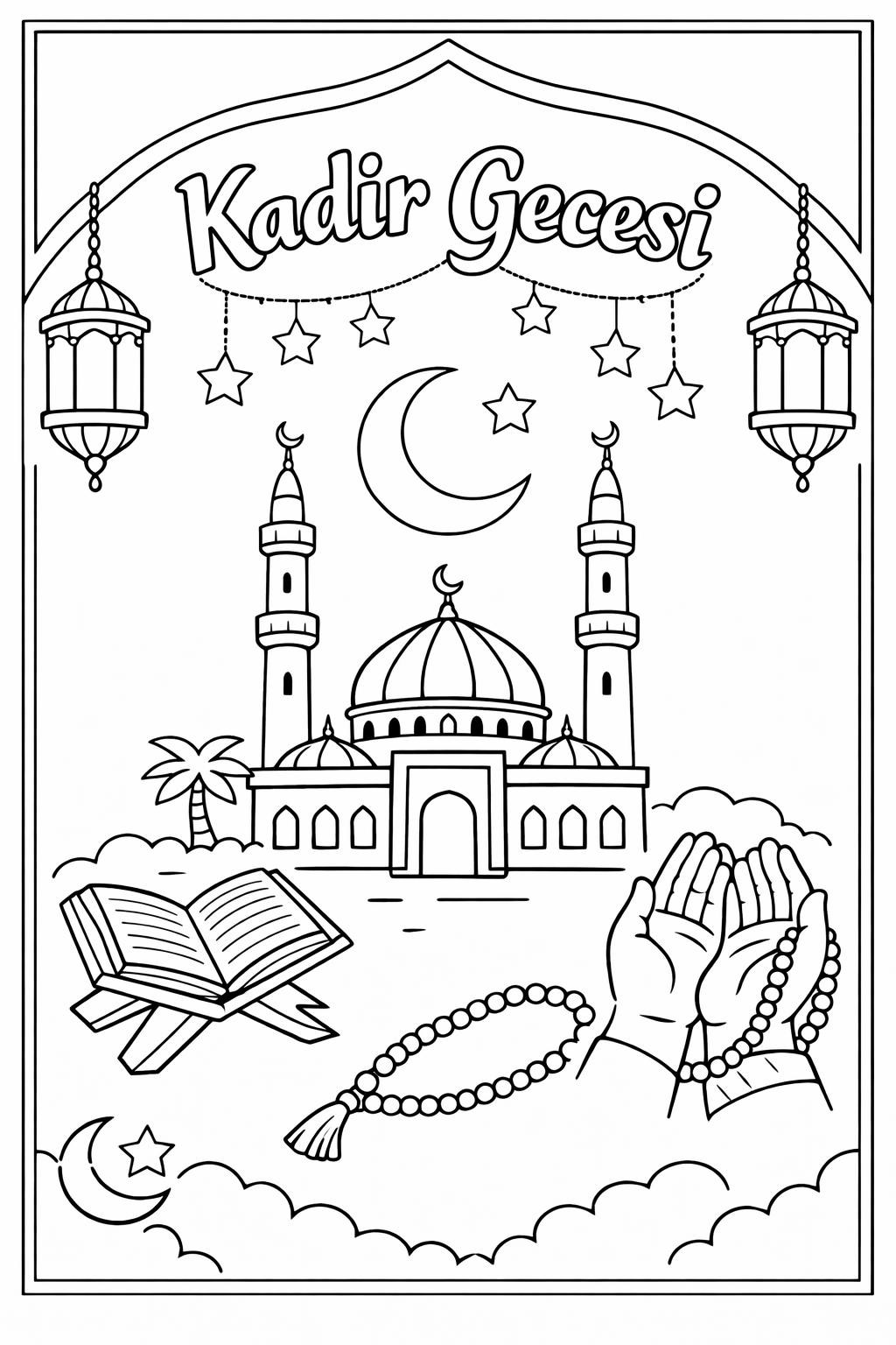 Kadir Gecesi Boyama Etkinliği sayfasındaki özel çizimi keşfedin. Kadir Gecesi boyama PDF dosyasını indirip kolayca yazdırabilirsiniz.