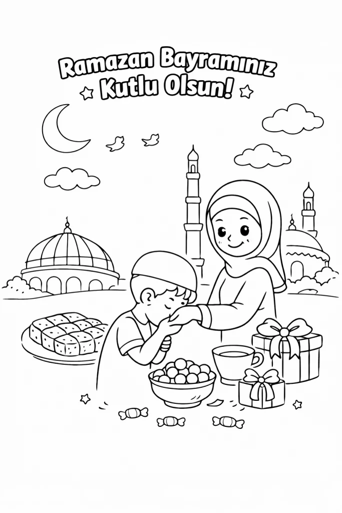 Ramazan bayramı boyama sayfasındaki çizimi keşfedin. Ramazan bayramı boyama sayfasını indirip kolayca yazdırabilirsiniz.