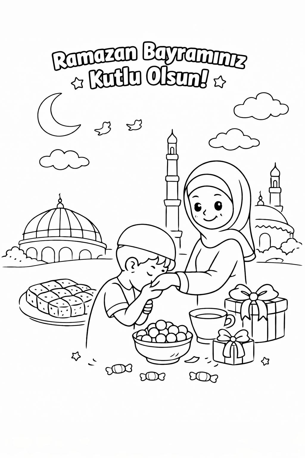 Ramazan bayramı boyama sayfasındaki çizimi keşfedin. Ramazan bayramı boyama sayfasını indirip kolayca yazdırabilirsiniz.