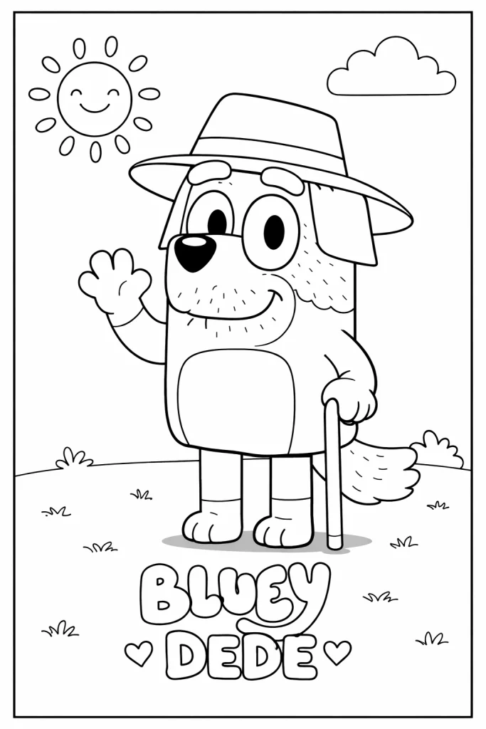 Bluey dede boyama sayfası PDF olarak ücretsiz indirin! Sevimli dede karakterini çocuğunuzla birlikte renklendirin. A4 uyumlu, hemen yazdır.