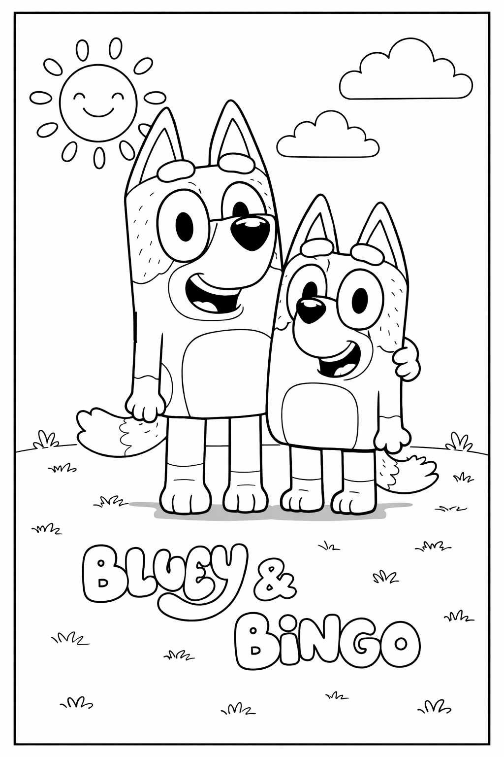 Bluey ve Bingo boyama sayfası PDF olarak ücretsiz! Bluey Bingo boyama çalışmalarını hemen indir, A4'e yazdır ve renklendir.