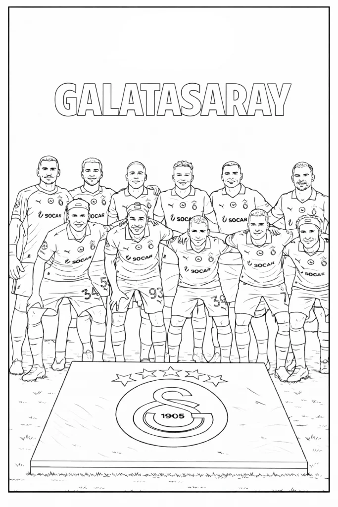 Galatasaray oyuncuları boyama sayfasını indir, çocuklar Galatasaray futbolcularını ve logoyu boyayarak sarı kırmızıyla keyifli vakit geçirsin.