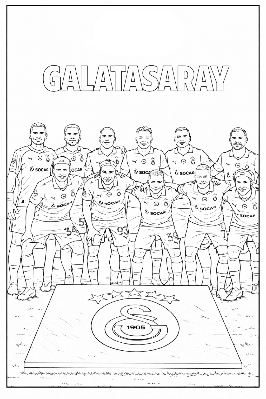 Galatasaray oyuncuları boyama sayfasını indir, çocuklar Galatasaray futbolcularını ve logoyu boyayarak sarı kırmızıyla keyifli vakit geçirsin.
