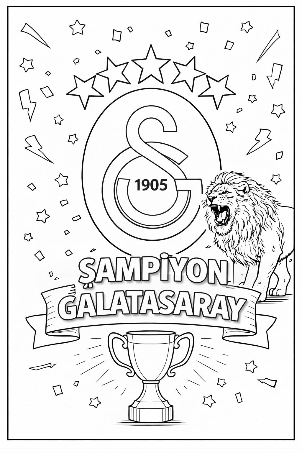 Şampiyon Galatasaray boyama sayfasını indir, yazdır ve çocukların sarı kırmızı renklerle keyifli vakit geçirmesini sağla.