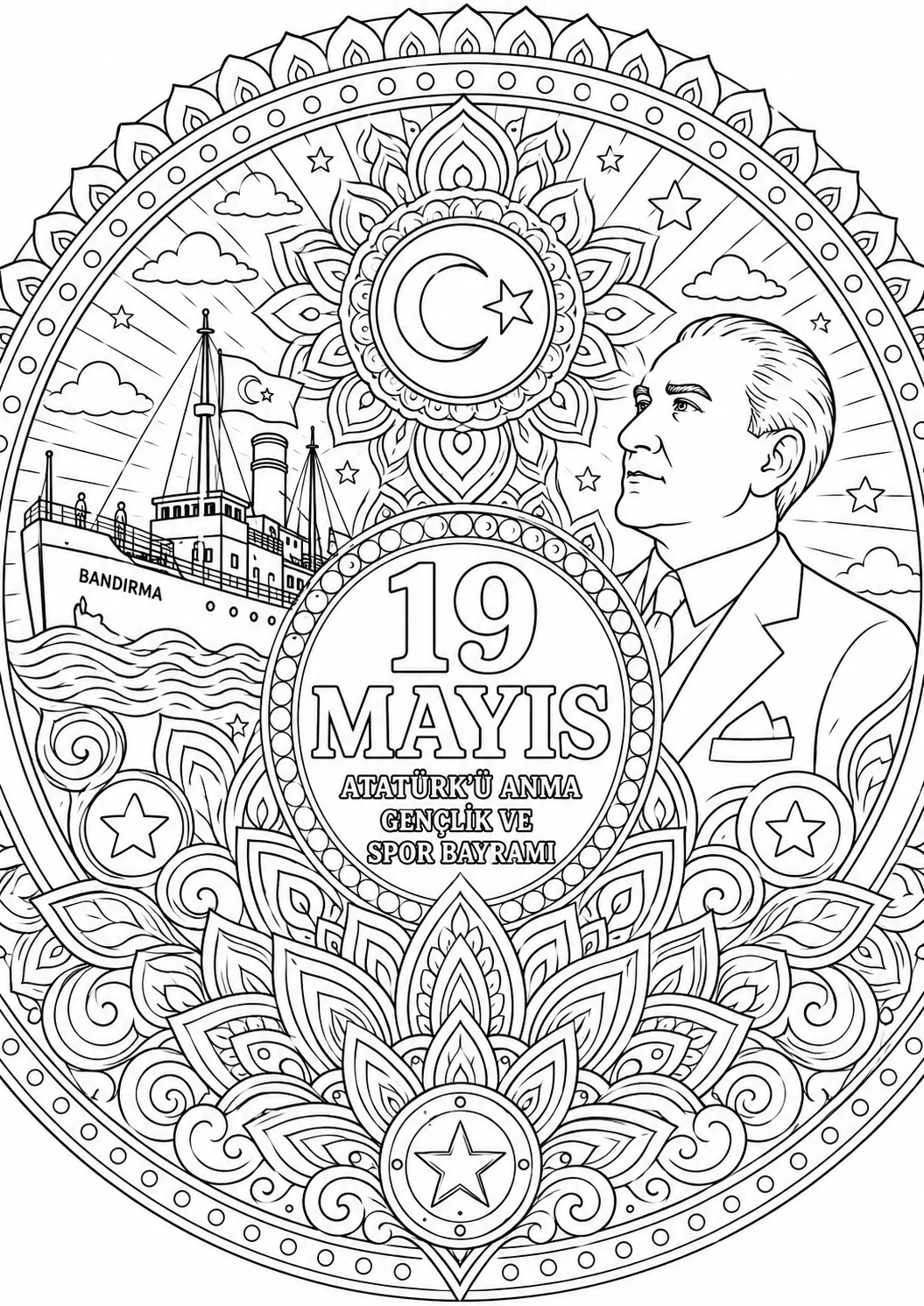 19 Mayıs mandala boyama sayfası yazır
